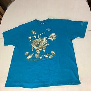 Vintage Bahamas Coral Island T-Shirt Hanes Glitter Fish Seashells Size XL Blue